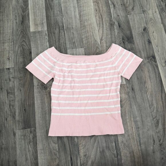 Garage Short Sleeve Off Shoulder Sweater coquette pink striped - Picture 2 of 6